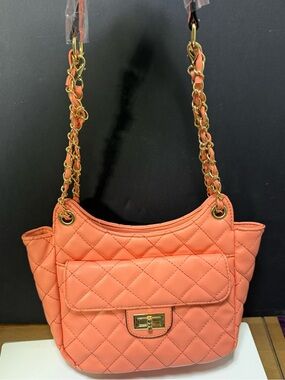 NWT Quilted Coral Chain-Handle Crossbody Shoulder Bag
